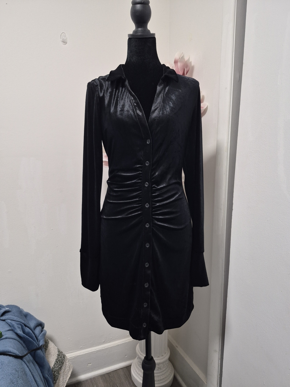 Free People Black Velvet Button-Front Long Sleeve Dress